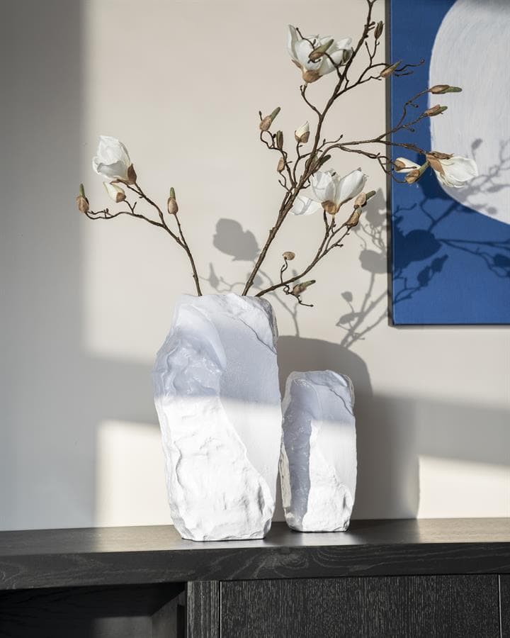 Zwarte en witte keramische vazen met magnoliastammen op een houten meubel, moderne interieurdecoratie, minimalistisch design, stijlvolle kameraccessoires, natuurlijke uitstraling, hout en keramiek.