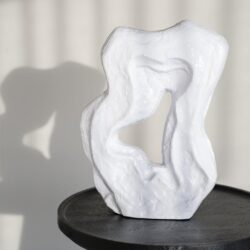 Elegante witte sculptuur van natuurlijk gevormd materiaal op zwarte houten tafel, modern decorstuk voor interieurambitie, handgemaakt kunstobject van Mokana Meubelen.
