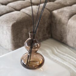 Elegante glazen vaas met zwarte diffuser sticks voor een moderne interieuraccessoire. Perfect voor het creëren van een ontspannen sfeer in woonkamer of slaapkamer.
