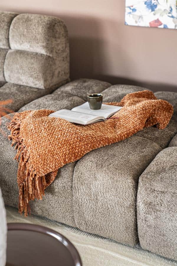 Knusse bank met aardewerk kleurige plaid en boeken op tafel, elegante woonkamer inrichting.