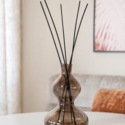 Elegante glazen geurstokjesvaas met zwarte aromastokjes voor decoratie en sfeer in huis.