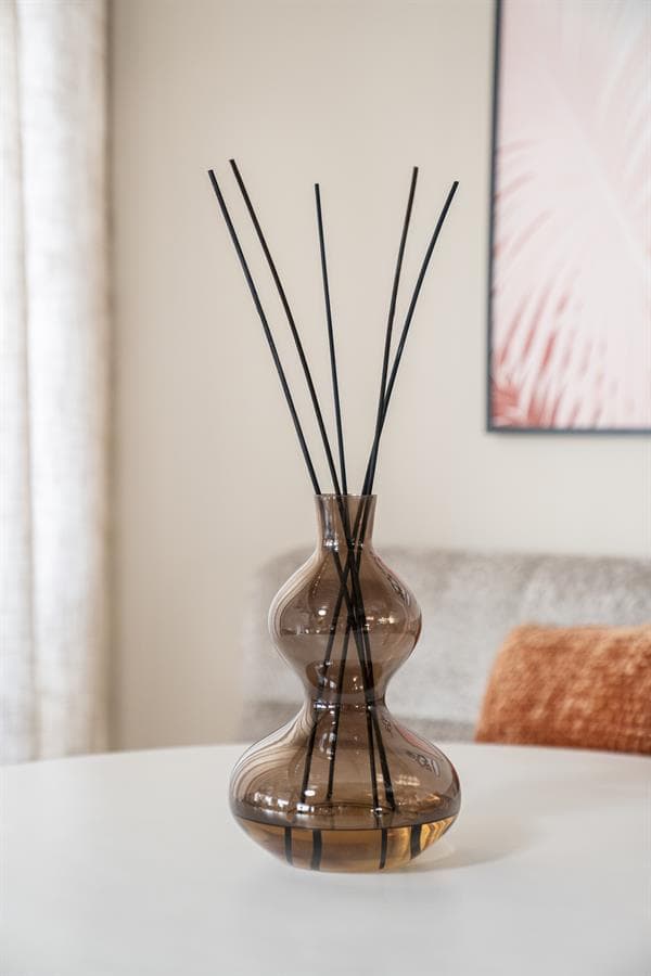Elegante glazen geurstokjesvaas met zwarte aromastokjes voor decoratie en sfeer in huis.