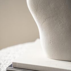 Elegante close-up van een wit keramisch vaas op boeken, stijlvol decor passend bij Mokana Meubelen, minimalistisch en modern interieur, natuurlijke kleuren, perfect voor stijlvolle woonaccessoires.