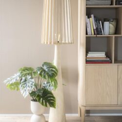 Hoogwaardige houten vloerlamp met lampenkap en groene monstera plant in witte pot naast boekenkast in modern interieur.