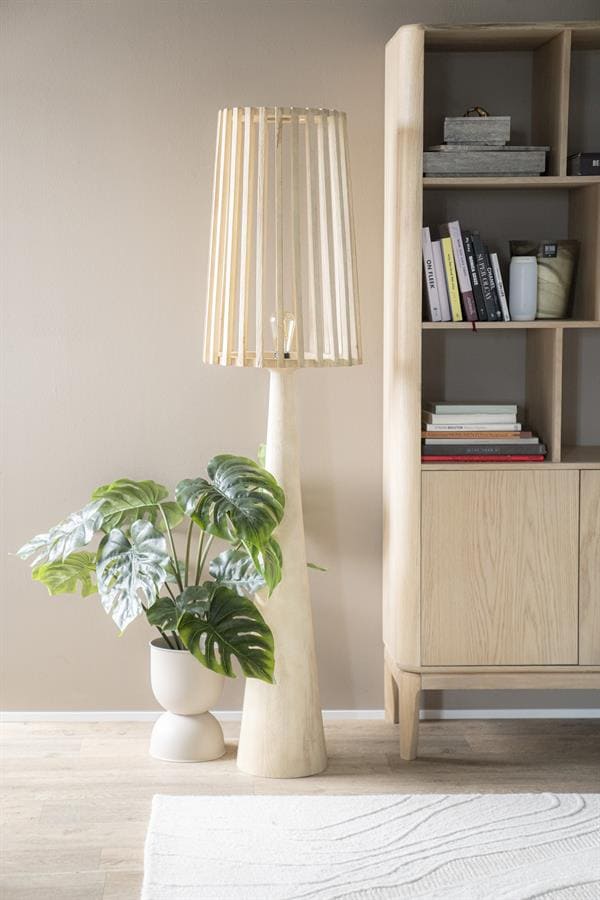 Hoogwaardige houten vloerlamp met lampenkap en groene monstera plant in witte pot naast boekenkast in modern interieur.