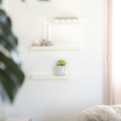 Mooi witte wandplanken in een modern interieur met decoratieve accessoires en planten, perfect voor stijlvolle Mokana meubelen en woninginrichting.