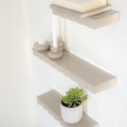 Elegante wandplank met decoratieve accessoires en een plant voor een moderne interieurstijl.