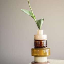 Bloem in stijlvolle keramische vazen, modern decor, Mokana Meubelen, interieur design, tafelstyling, elegante bloemstukken, woondecoratie, creatieve opstellingen, design vazen, botanisch element.