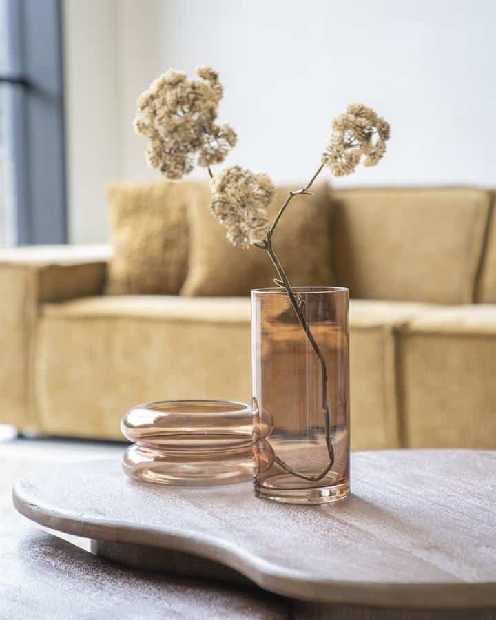 Elegant vaas met decoratieve gedroogde bloemen, perfect voor modern interieur, bij Mokana Meubelen voor stijlvolle woonaccessoires en interieurinrichting.