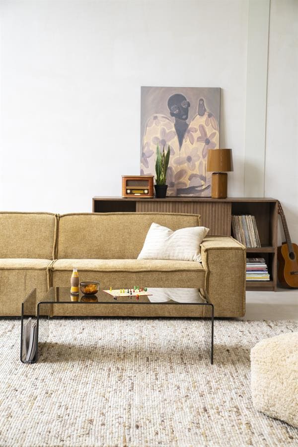 Lichte woonkamer met vintage bank, gedecoreerd met houten meubels, kunstwerk en accessoires, passend bij Mokana meubelen.