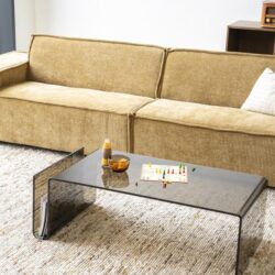 Lederen bank en moderne salontafel in woonkamer met vogelstrepen tapijt en vintage radio.