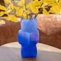 Voorbeeld afbeelding van een moderne vaas met gele takken op een houten tafel.