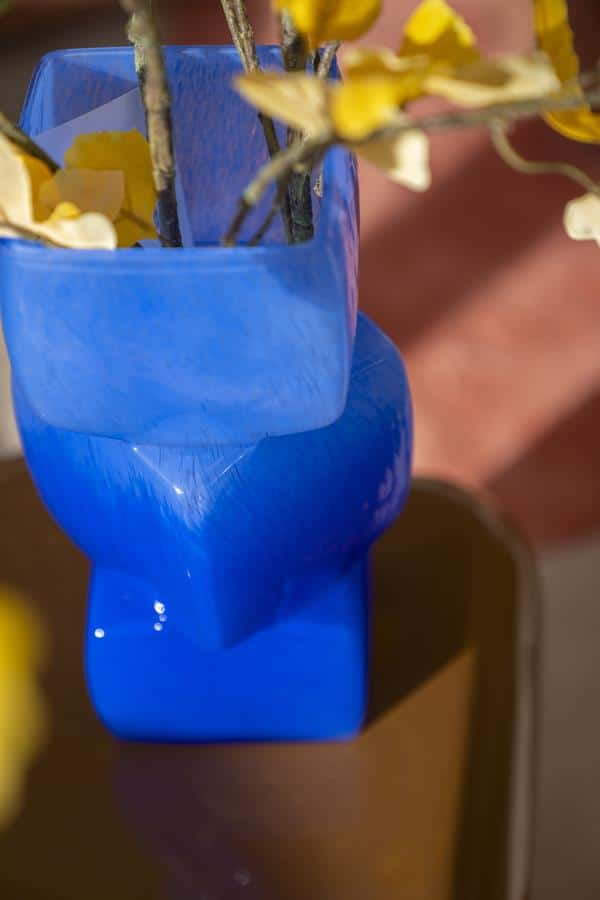 Glazen vaas met takjes en gele bloemen, modern interieur decor, stijlvolle bloemstuk voor woonkamer of syndroom, design bloemenvaas, Mokana meubelen.