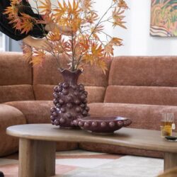 Bladvormige bladeren in een vaas op een houten salontafel in een modern woonkamer met een blushroze bank en abstract kunstwerk op de muur.