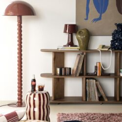Unieke vintage houten boekenkast met moderne accessoires, stijlvolle vloerlamps, en comfy kussens in een gezellige woonkamer. Perfect voor een warm en eigentijds interieur door Mokana Meubelen.