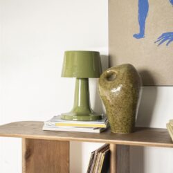 Klassieke groene tafel lamp en bijpassende vaas op houten boekenplank in een modern interieur.