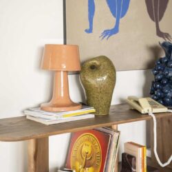 Elegante houten wandplank met diverse decoratieve items zoals een keramische vaas, een boekenrek met vinylplaten en een vintage telefoon, ideaal voor een stijlvolle en functionele inrichting.