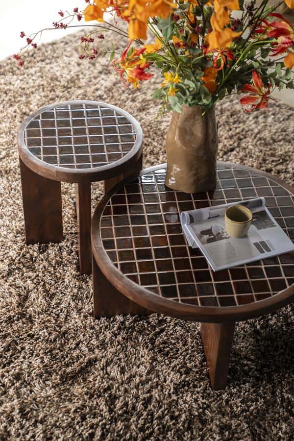 Karafon tables met houten onderstellen en tegelpatroon, decoratief en functioneel meubelstuk voor woonkamer of lounge, perfect voor modern interieur.