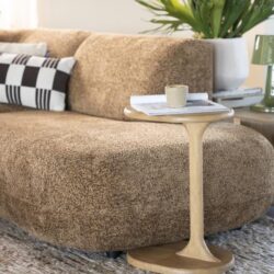 Binnenhuis meubel met beigestoffen bank en houten bijzettafel, decoratief groen plant op de achtergrond.