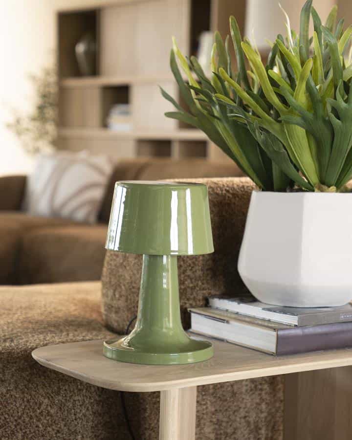 Vintage groene tafellamp op houten salontafel in een modern interieur met grote plant en boekenkast.