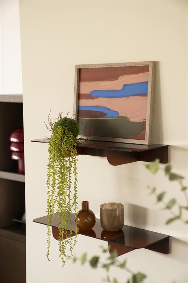 Kunststof wandplanken met decoratieve sieraden en planten, elegant en minimalistisch, perfect voor modern interieur.