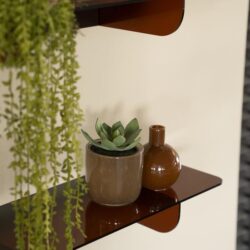 Modern design houten wandplanken met decoratieve keramiekpotten en groene plant, perfect voor een stijlvolle woonkamer of kantoorinterieur.