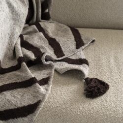 Zachte stoffen plaid met franjes op een comfortabele bank in een stijlvolle woonkamer.