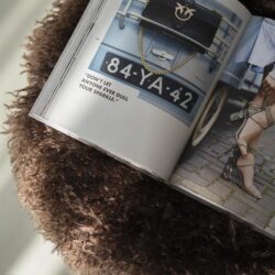 Antiek ogende zwart leren clutch met gouden ketting en logo, op een fotoboek met autoschoolbord numbers en inspirerende quote, gelegen op een schap met een zachte, wollige stoffen schaal, perfect voor stijlvolle interieur en meubeldecoratie.