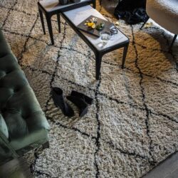 Donkergroene leren bank, zachte beige en grijze fauteuils, glazen salontafel met decoratieve voorwerpen en een modern tapijt met zwart-witte geometrische patronen in een gezellige woonkamer.