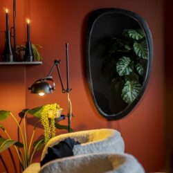 Luxe wooninterieur met modern bank, planten en donkere spiegel, stijlvolle woondecoratie, gezellige huiskamer, moderne meubels en warme kleurstellingen, Mokana Meubelen.