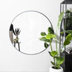 Grote ronde spiegel met zwarte rand en groene kamerplant in een witte pot, modern interieur decor, stijlvolle woonaccessoires voor een frisse uitstraling.
