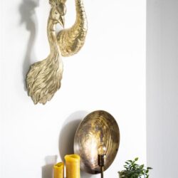 Gouden pauwen wanddecoratie, luxe gouden muurkunst, elegante interieuraccessoires, stijlvolle woondecoratie, design meubelaccenten.