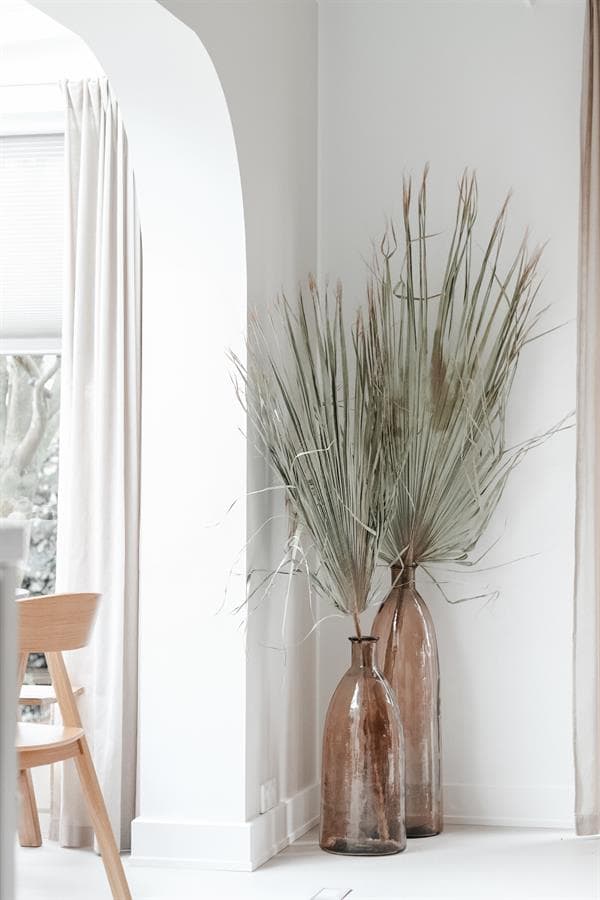 Grote decoratieve glazen vazen met gedroogde grassoorten in een modern interieur, elegant en natuurlijk sfeer; geschikt voor stijlvolle woonkamer decoración.