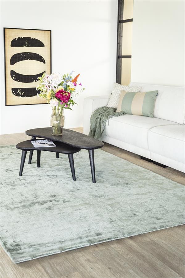 Vollgestoffeerde witte bank met sierkussens en plaid in een moderne woonkamer, gekleed met een lichtgrijze vloerkleed en zwart salontafel met bloemen en tijdschrift, stijlvolle inrichting door Mokana Meubelen, uniek meubelontwerp, comfort en design in één ruimte, perfect voor een gezellige zithoek.