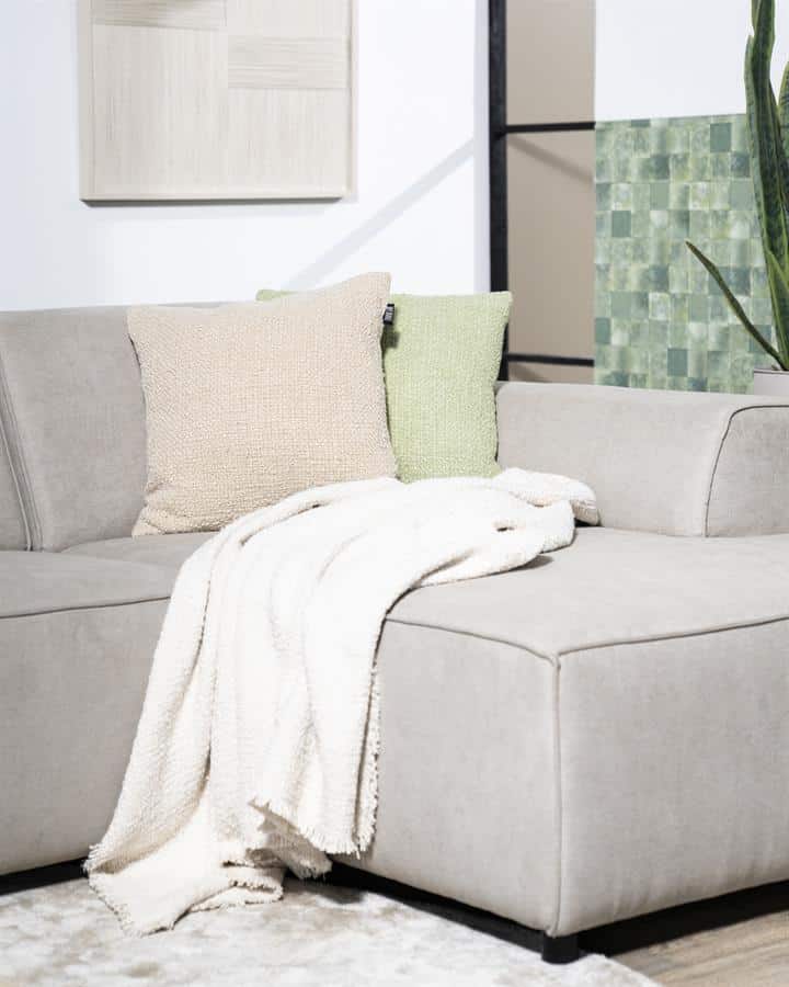 Zachte neutrale banken met kleurrijke kussen en warme plaid in modern woonkamer.