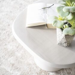 Elegante witte houten salontafel met ronde vorm en verfijnde afwerking, ideaal voor modern interieur en woonkamerdecoratie.