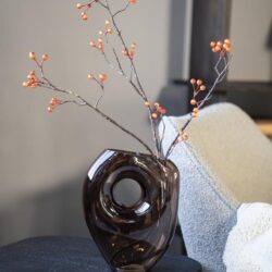 Elegant sieraden vaas met takje met oranjerode bessen, perfect voor moderne interieurversiering.