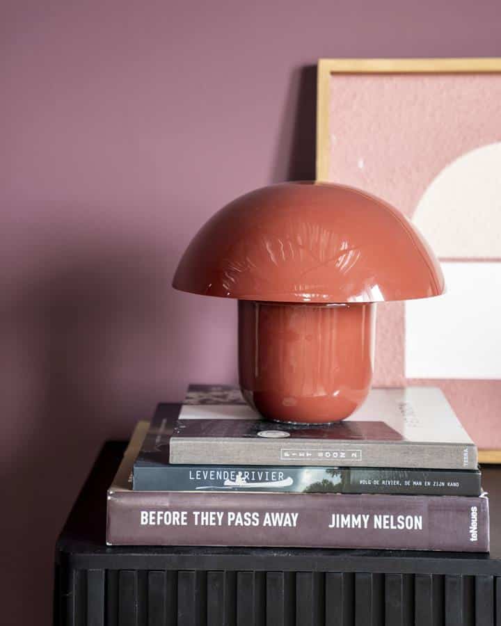 Unieke keramische tafelmodel lamp in terracotta kleur op een bijzettafel met decoratieve boeken, ideale wanddecoratie en interieuraccessoire voor een modern en stijlvol wonen.