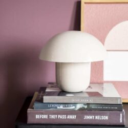 Uniek design nachtkastje met moderne lamp, boeken en decoratieve kunstwerken op een zwart meubel voor een stijlvolle slaapkamer.