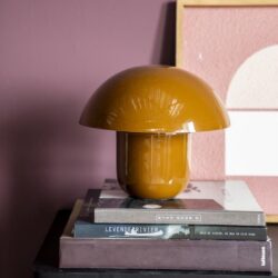 Glazen tafellamp in aardse tinten, modern design, geschikt voor uniek interieur, meubelen van Mokana Meubelen, stijlvolle woonaccessoires, handgemaakte lamp, landelijke en eigentijdse meubelen, decoratief en functioneel, wooncomfort verhogen, hoogwaardige meubels nederland.