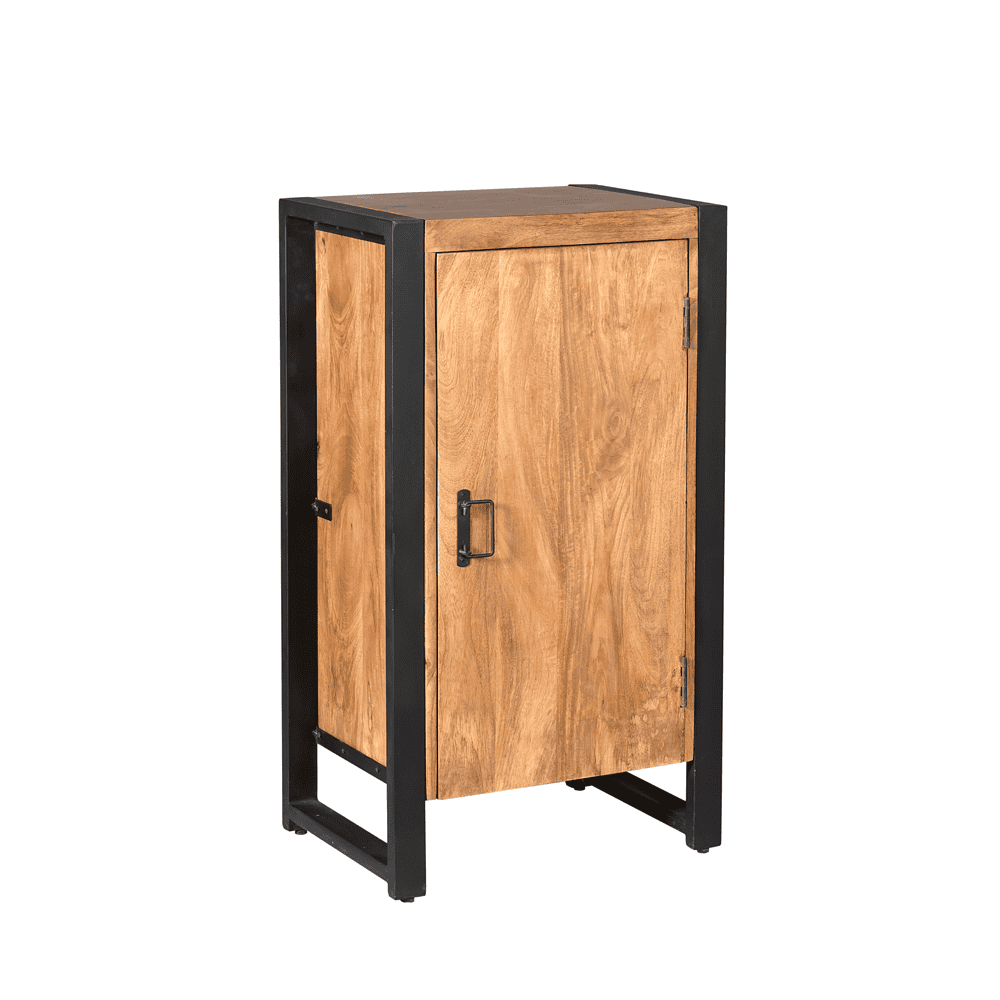 Strak industrieel houten kast met zwart metalen frame, ideaal voor moderne interieurstyling en opbergruimte. Perfect als accentmeubel in woonkamer of kantoor.