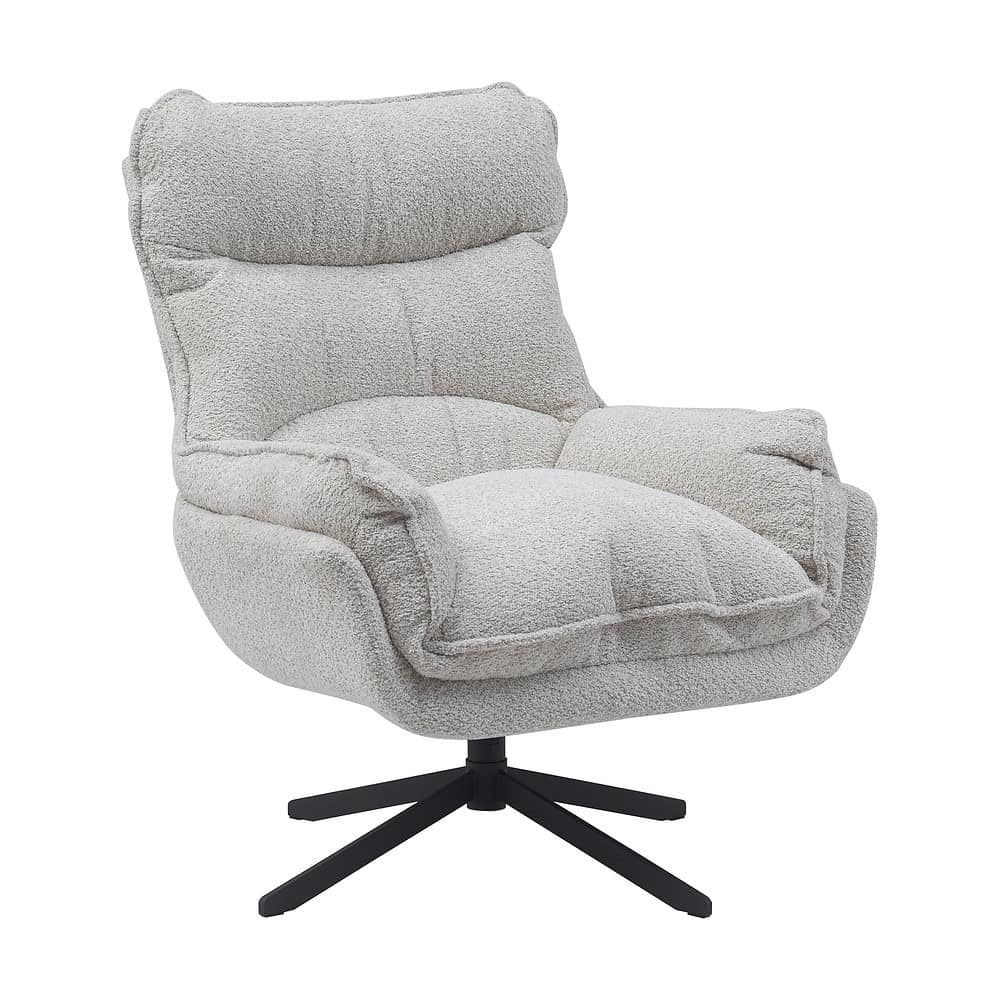 Comfortabele moderne relaxstoel met zachte stoffen bekleding en draaibare onderstel, perfect voor een stijlvolle en gezellige zithoek.