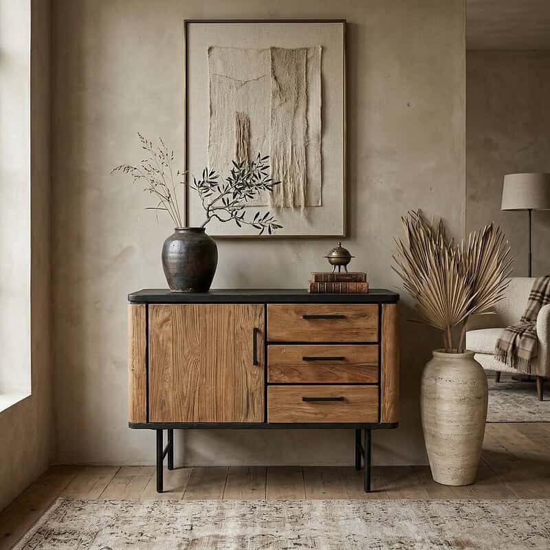 Dressoir Somo 110cm met teakhout en zwart blad, perfect voor een moderne woonkamer of eetkamer. Handgemaakt meubel met ruime opbergruimte en stijlvolle uitstraling.