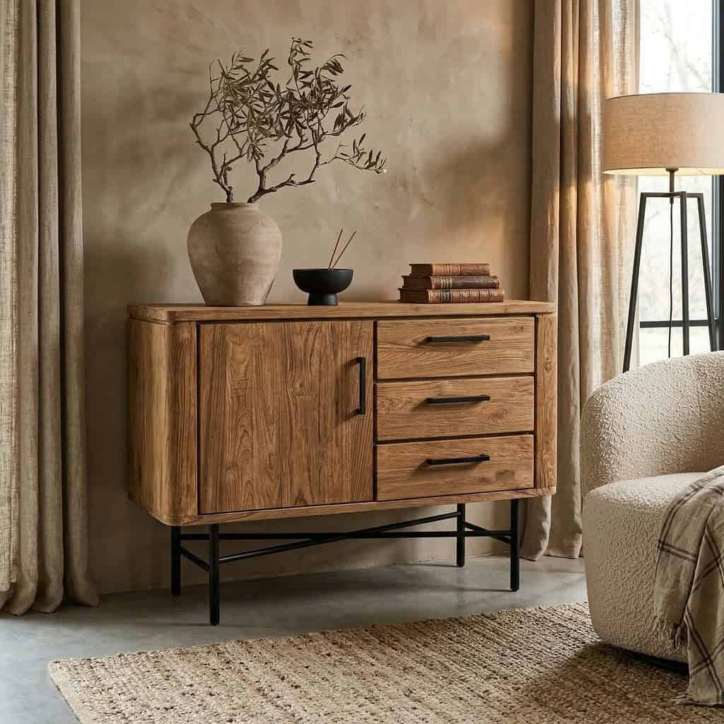 Elegant houten dressoir van teakhout met drie lades en een kast, perfect voor moderne woonkamers. Gemaakt van duurzaam teakhout, combineert stijl en functionaliteit.