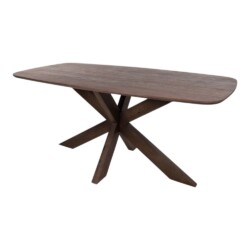 Gebruikte zwart-wit afbeelding van een houten eettafel met moderne, stevige constructie.