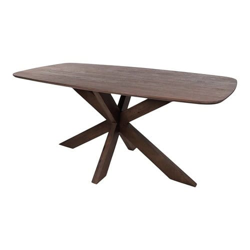 Gebrauchtes Schwarz-Weiß-Bild eines Esstisches aus Holz mit moderner, stabiler Konstruktion.