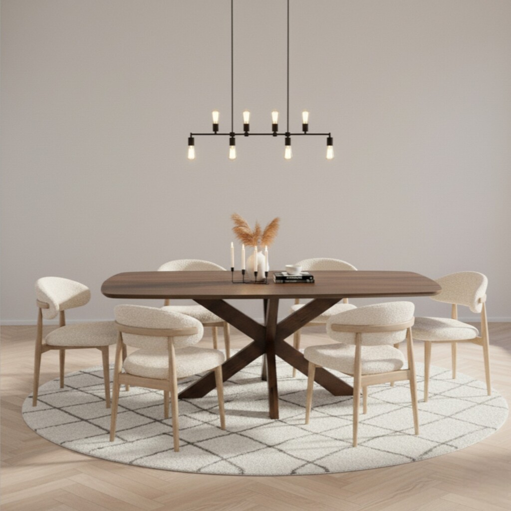 Eettafel met houten frame en acht comfortabele upholstered stoelen, moderne hanglamp en decoratieve vazen met takken op een ronde tapijt, strakke en sfeervolle interieurstijl.