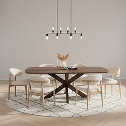 Eettafel met houten frame en acht comfortabele upholstered stoelen, moderne hanglamp en decoratieve vazen met takken op een ronde tapijt, strakke en sfeervolle interieurstijl. Mangohouten meubels