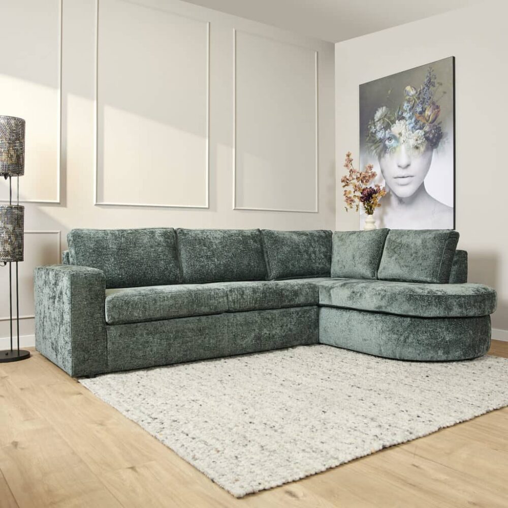 Zitting bank in groen fluweel, modern design voor comfortabele woonkamer, hoogwaardige meubels van Mokana Meubelen.