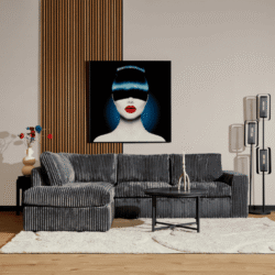 Strak design moderne woonkamer met zwart fluwelen bank, artistiek muurkunst, houten wandpaneel en stijlvolle vloerlampen, perfect voor een luxe interieur.